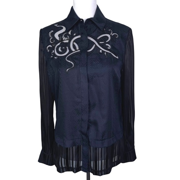 Yigal Azrouel Tops - YIGAL AZROUEL Women's 4 Black 100% Silk Sheer Striped Sleeve Applique Blouse Top
